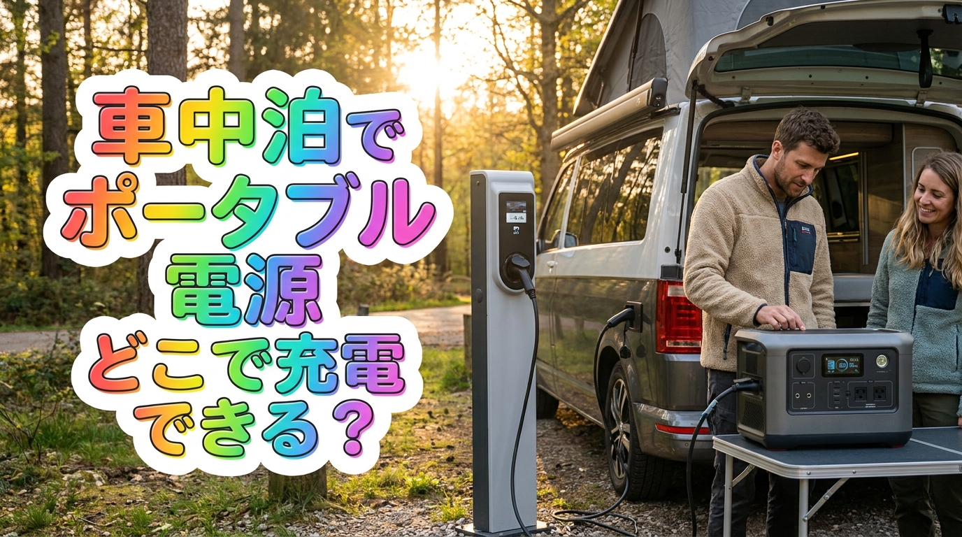 車中泊でポータブル電源どこで充電できる？