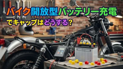 バイク開放型バッテリー充電でキャップはどうする？