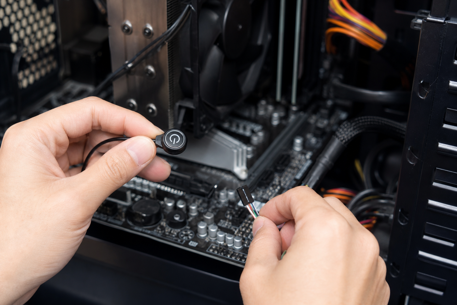 PC電源ボタンの外付けは、マザーボードの「PWR SW端子」に接続するだけ!
